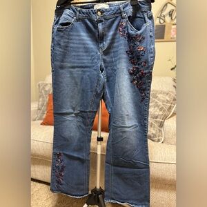Cato Blue Flare Jeans with Floral Embroidery
